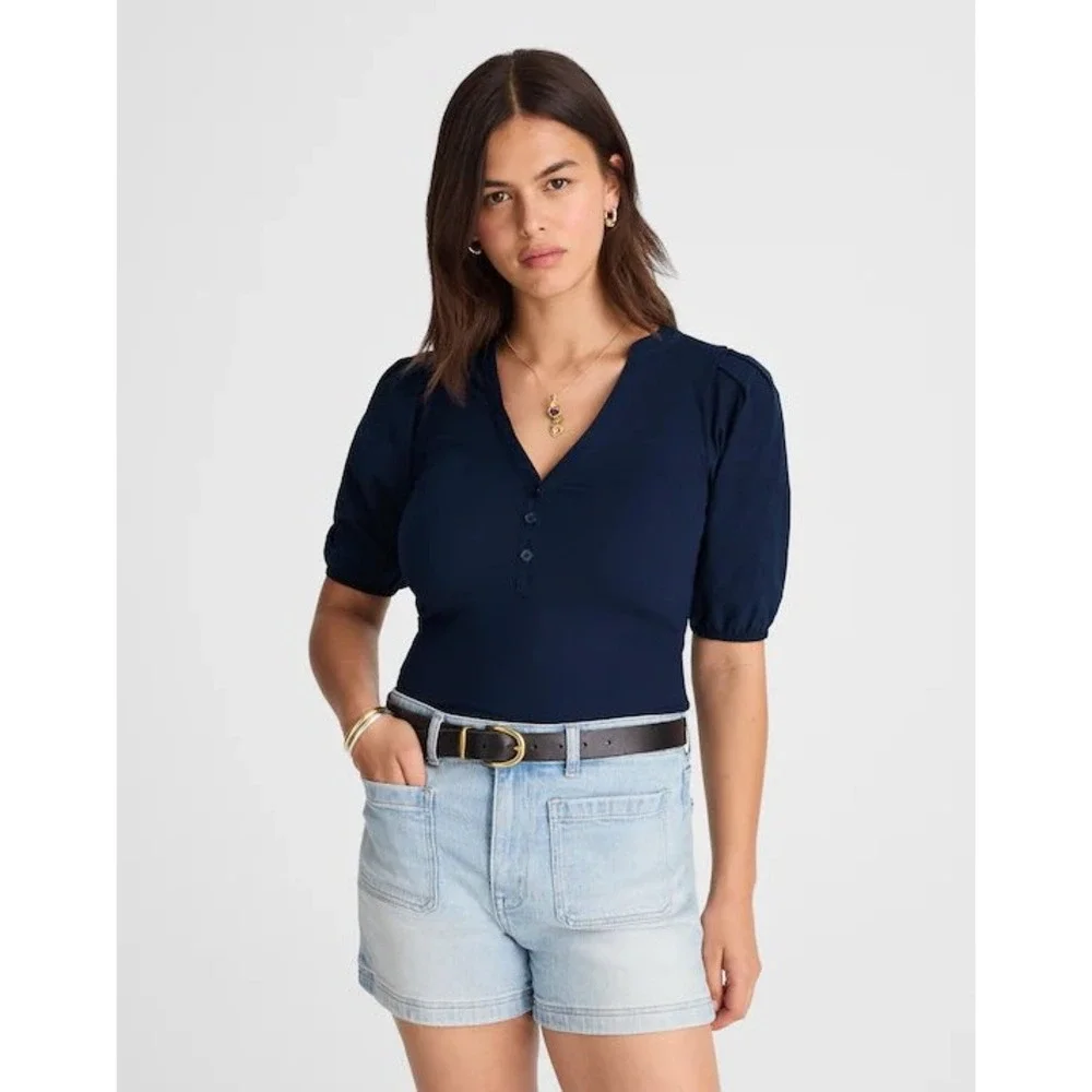 Madewell Midnight‎ Navy Blue Puff-Sleeve Henley Knit Top NW195 XS New
